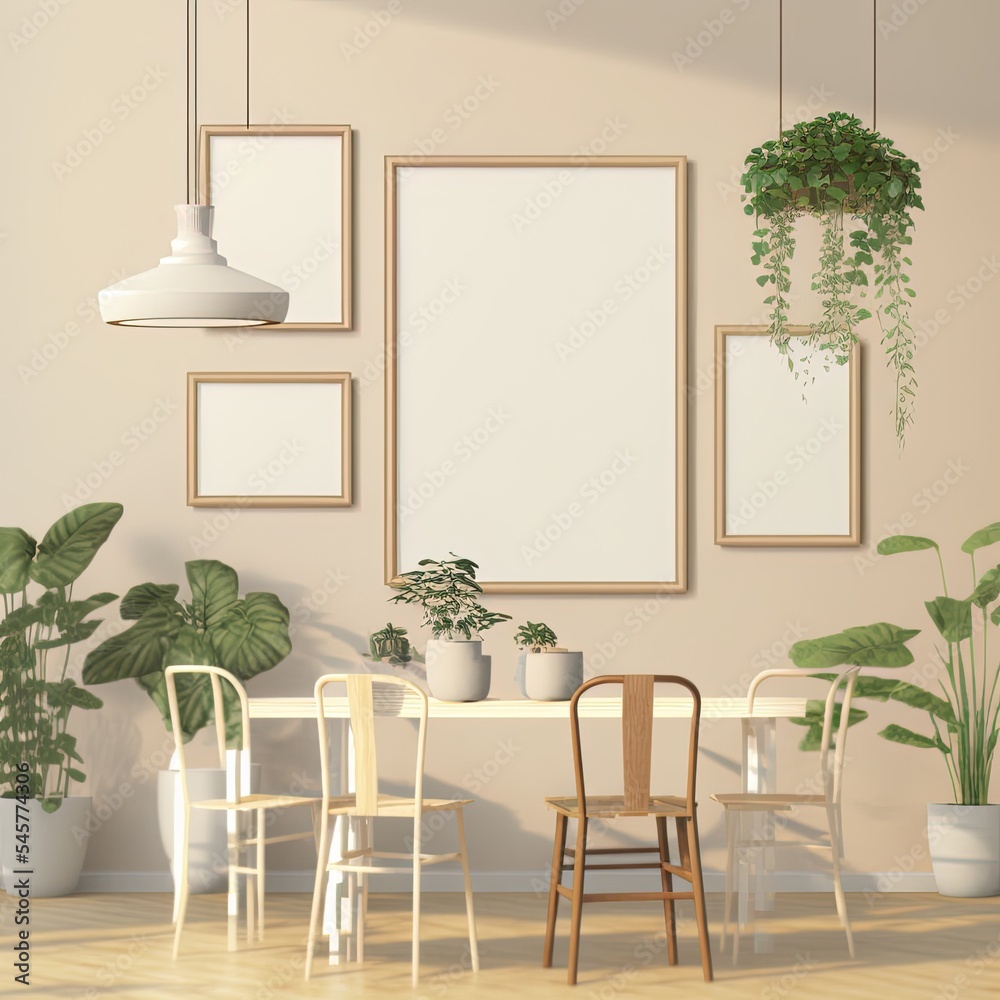 暖米色墙壁上4个空的空白相框的3D渲染图，木质餐桌w