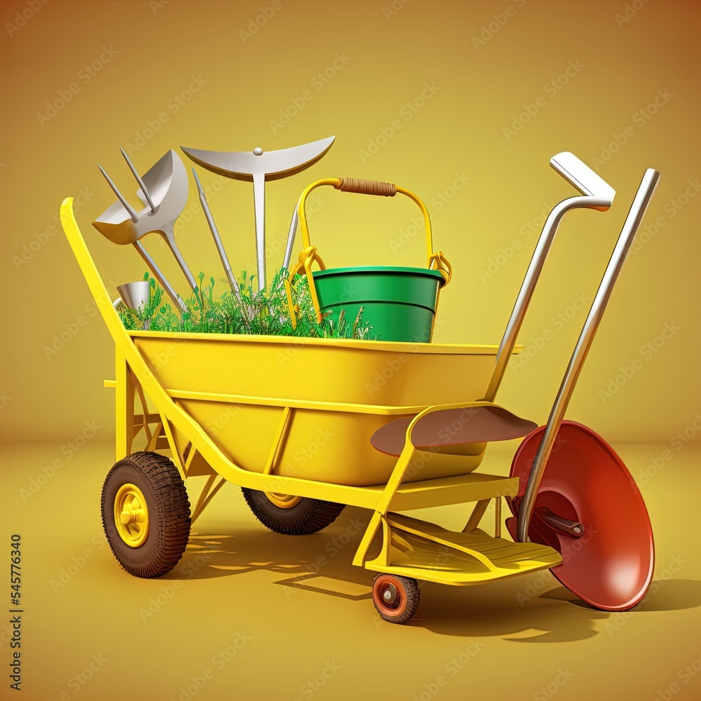 黄色背景的花园手推车，配有铲子、喷壶和叉子等花园工具。Handca