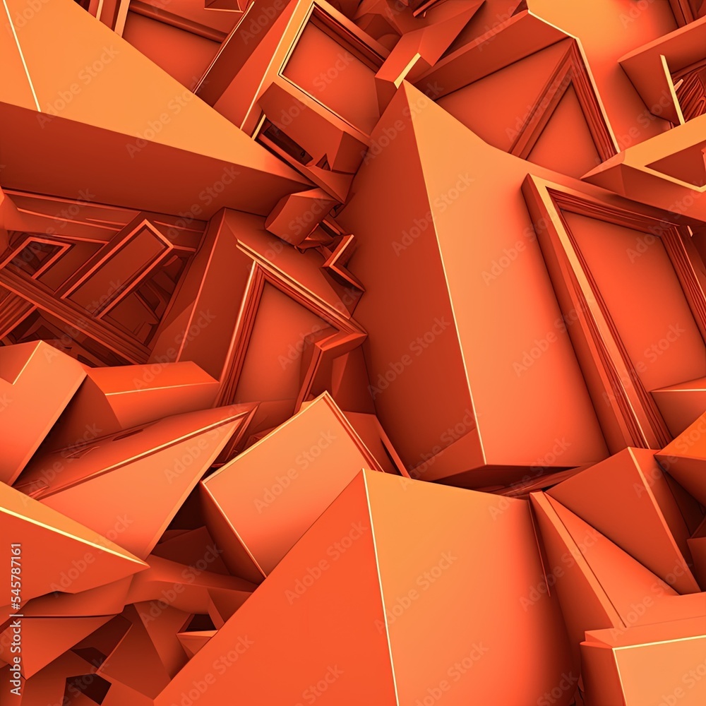 3D抽象几何橙色背景。几个三角形对角堆叠。背面