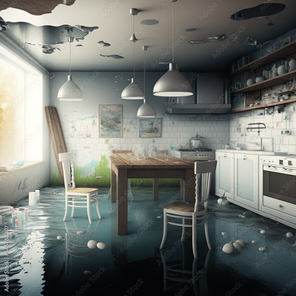 厨房淹没室内。三维渲染概念