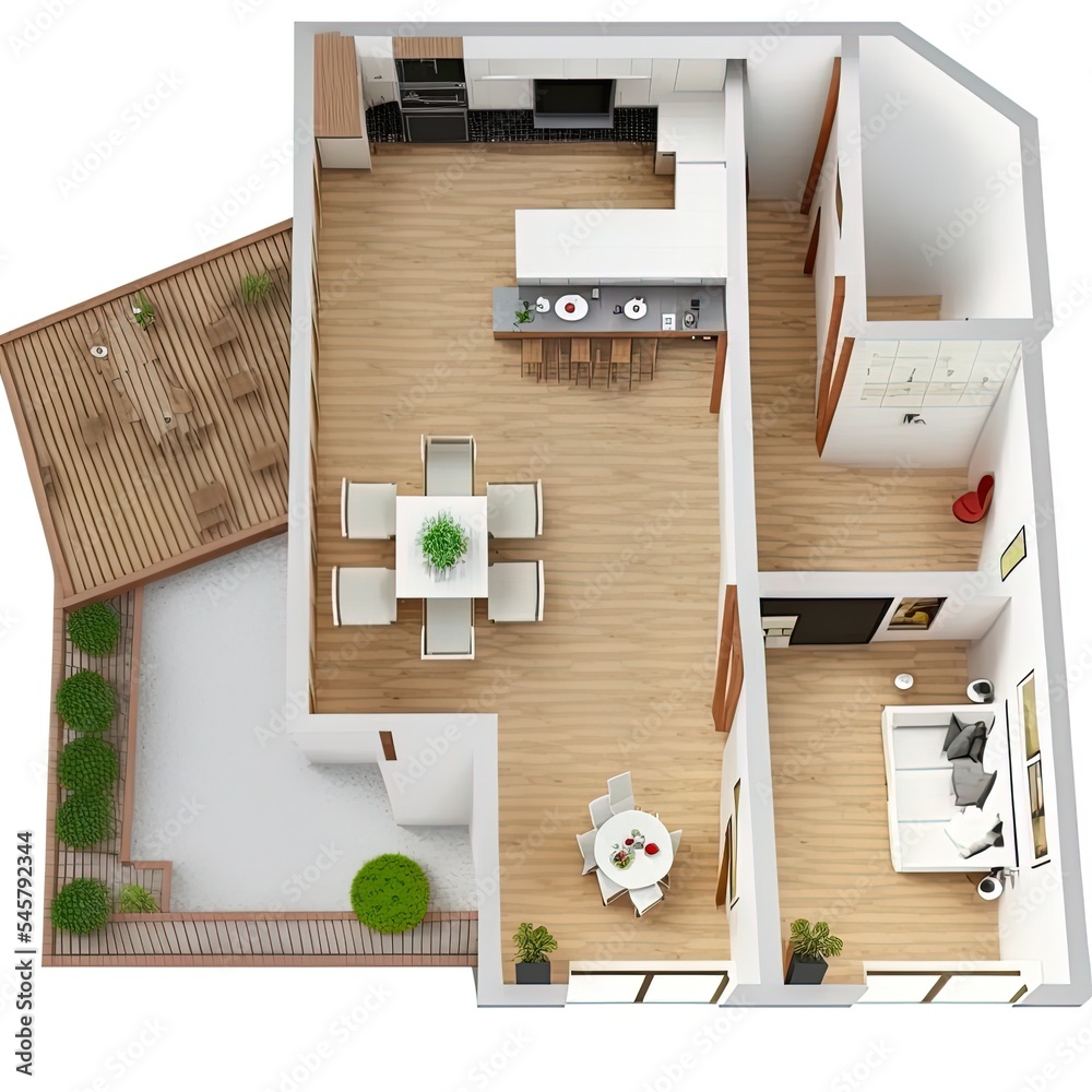 白色背景下的房子的3D平面俯视图。2卧室，2 1 2浴室。可用于f