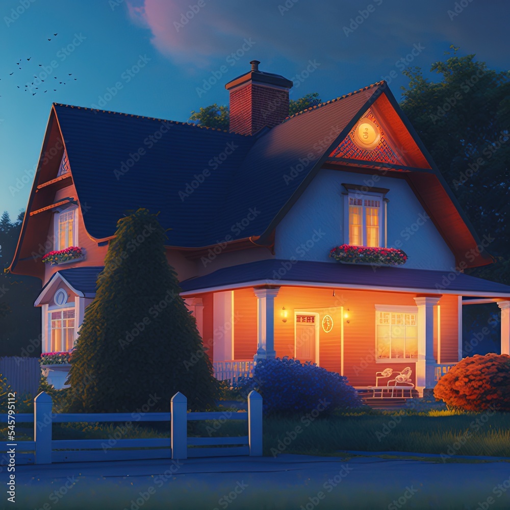 夏日傍晚天空前灯光明亮的房子（3D渲染）