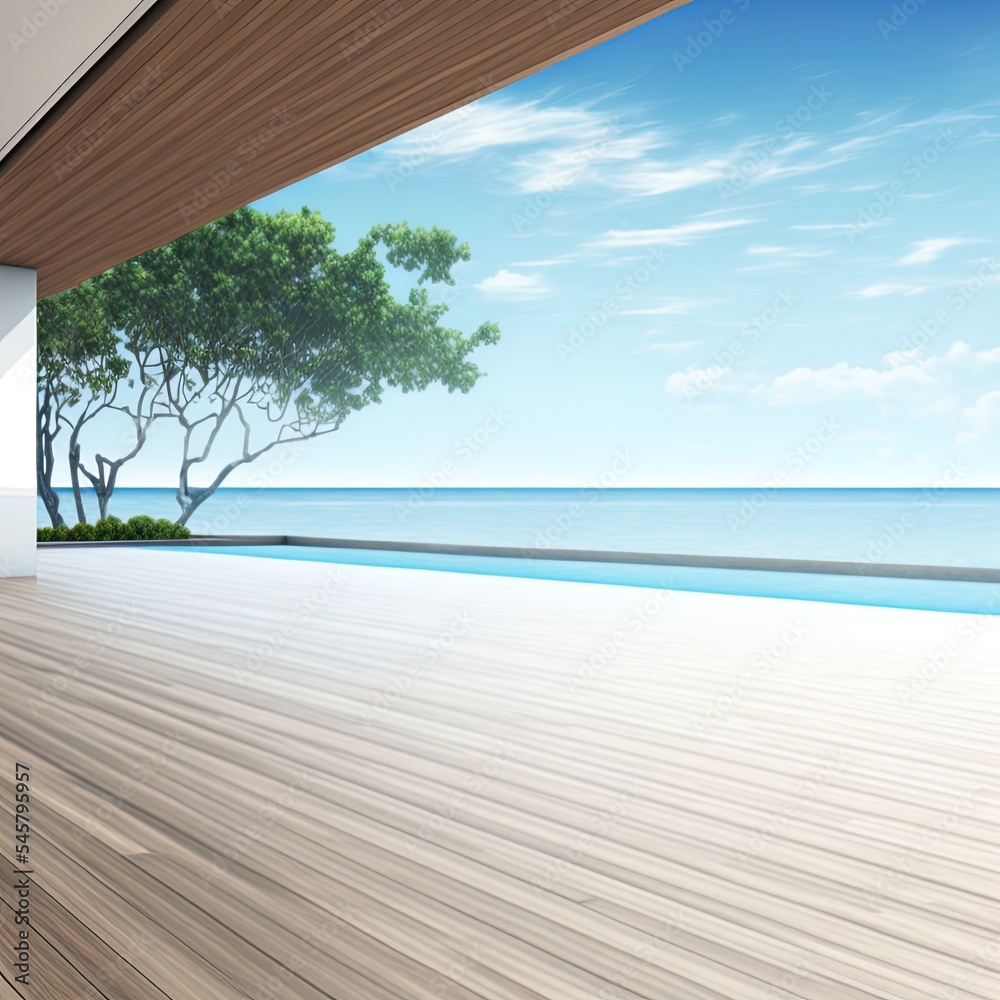 现代海滨别墅或豪华泳池别墅客厅和白墙附近的空露台地板。木质