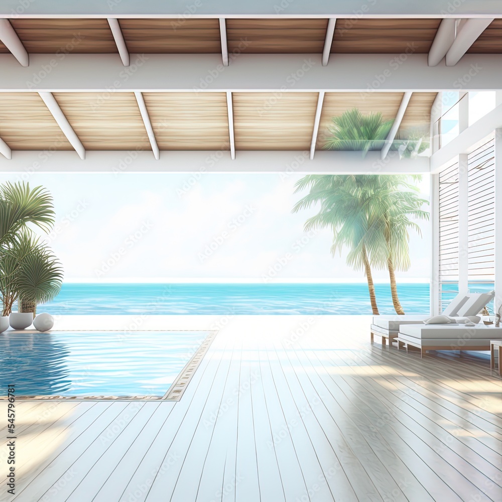 海景空大客厅，豪华夏季海滩别墅，靠近木露台，带游泳池