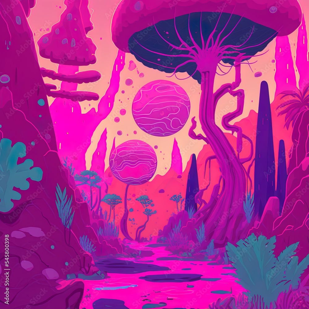 抽象的粉红色丛林，色彩缤纷，神奇而陌生的景观，另一个星球上的生命，卡通风格，