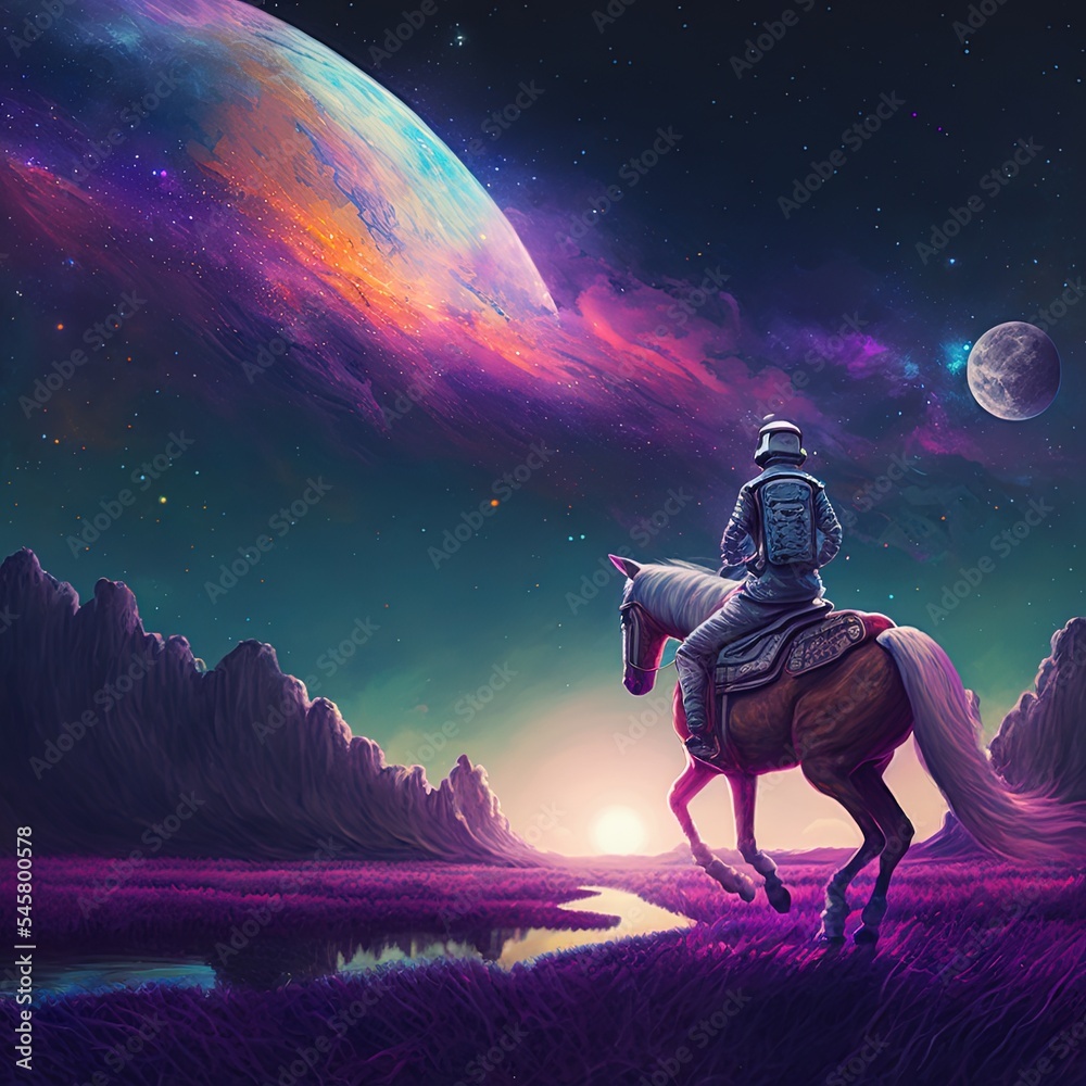 宇航员骑马前往神奇的土地，数字艺术风格，插图绘画