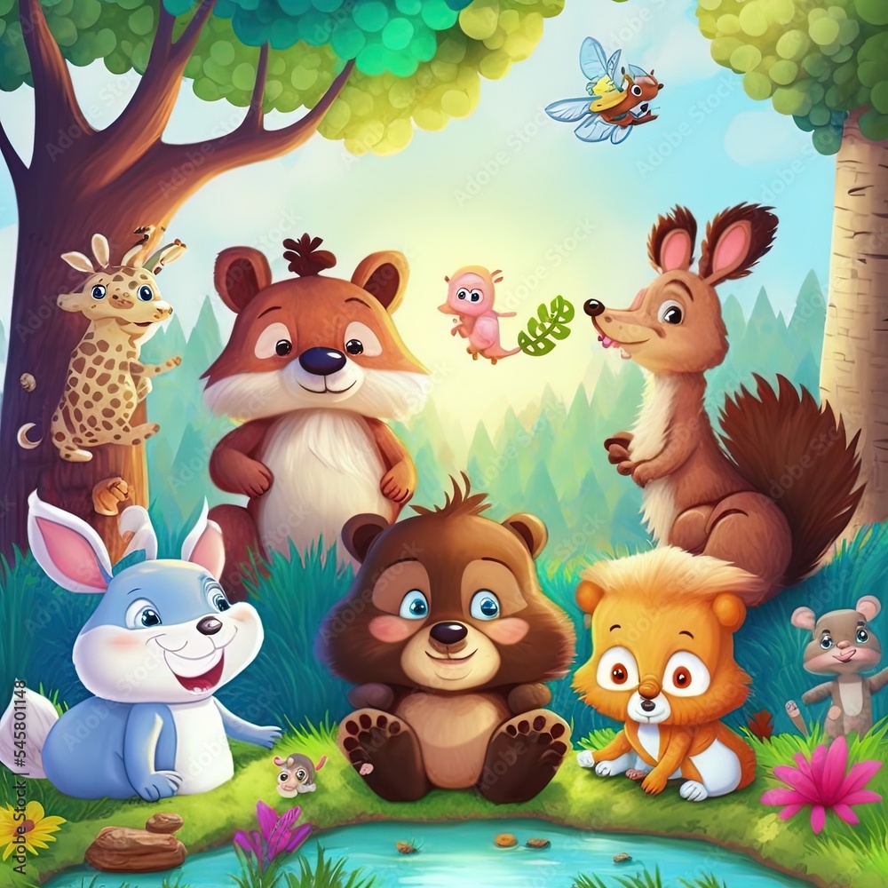 不同森林动物的卡通场景朋友们一起为孩子们做插图