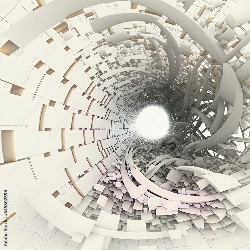 3d render abstract background. Tunnel of random objects. Abstract mesh on light background with plac