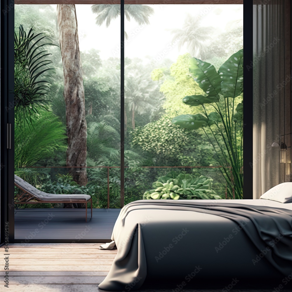 Modern bedroom with tropical style garden view 3d render,The Rooms have wooden floors ,decorate with