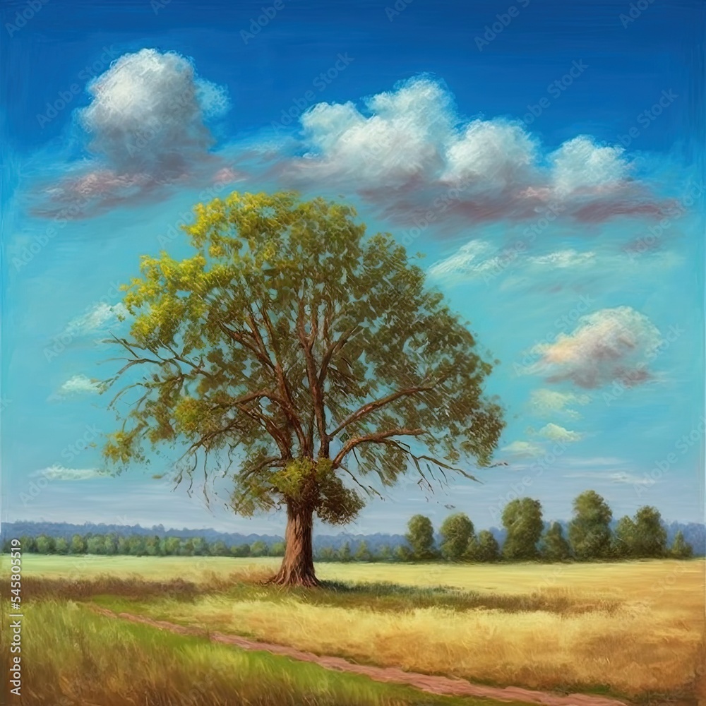 油画乡村风景。美术，树木和天空的风景