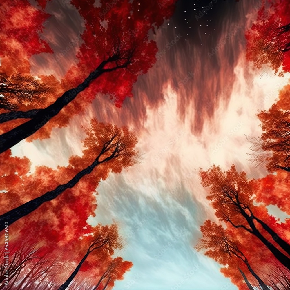 前景中有红色树木的抽象天空