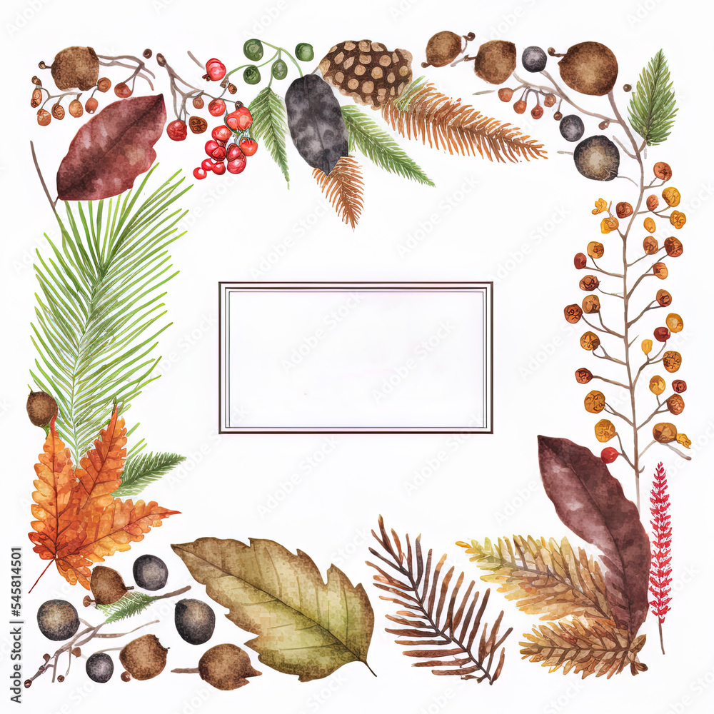 秋天的水彩边框，有树叶、浆果、蕨类植物、橡子、松果和树枝。非常适合婚礼