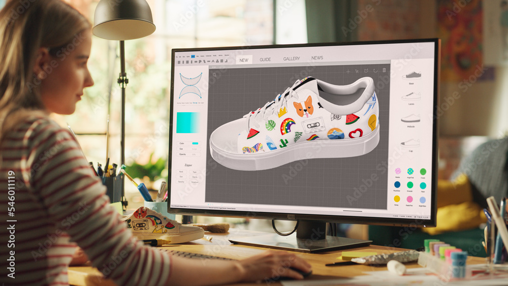 进步的青少年女性设计师选择颜色和图案，在她的职业鞋上建模3D鞋