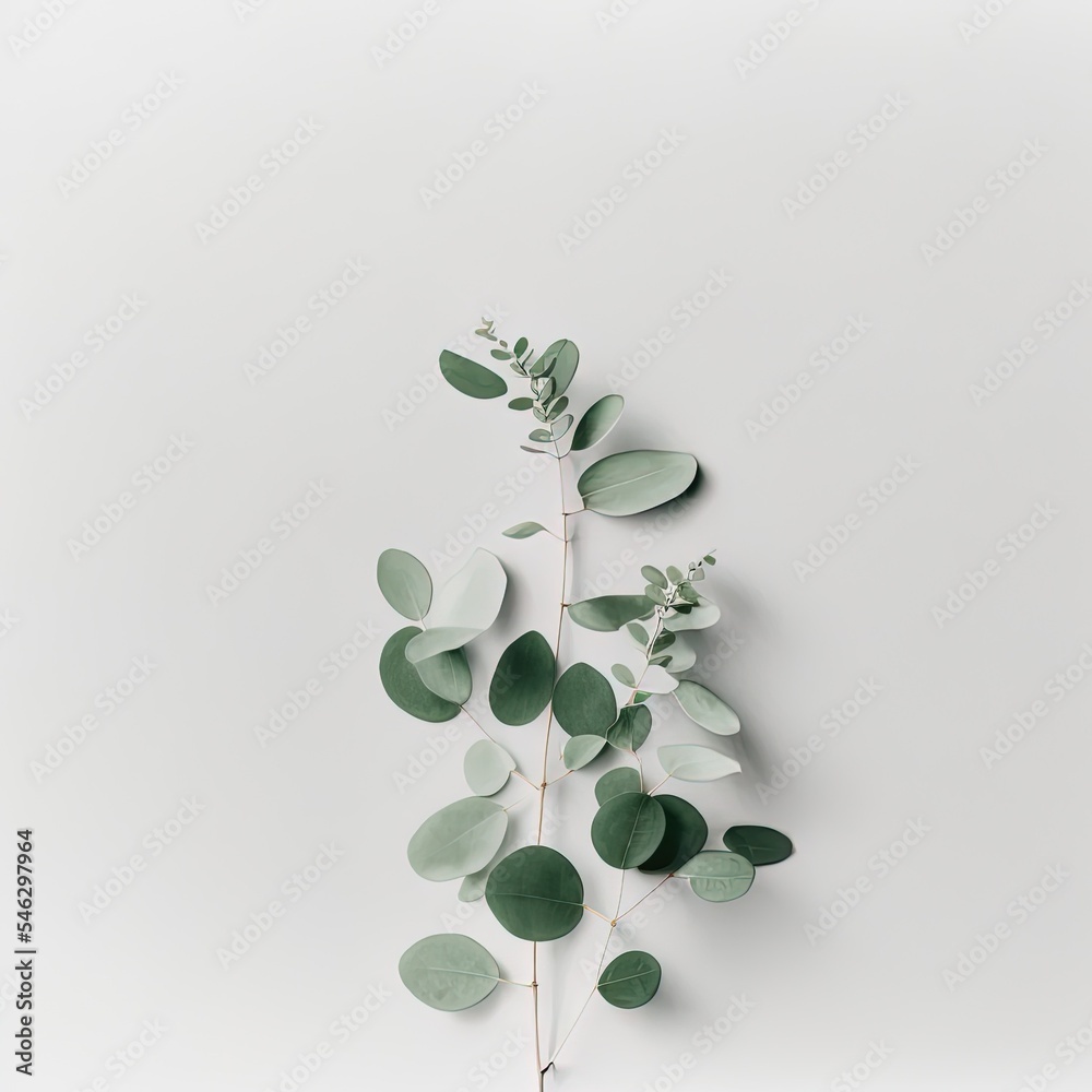 极简主义风格极简主义时尚摄影绿色树叶桉树在白色背景上平放，t