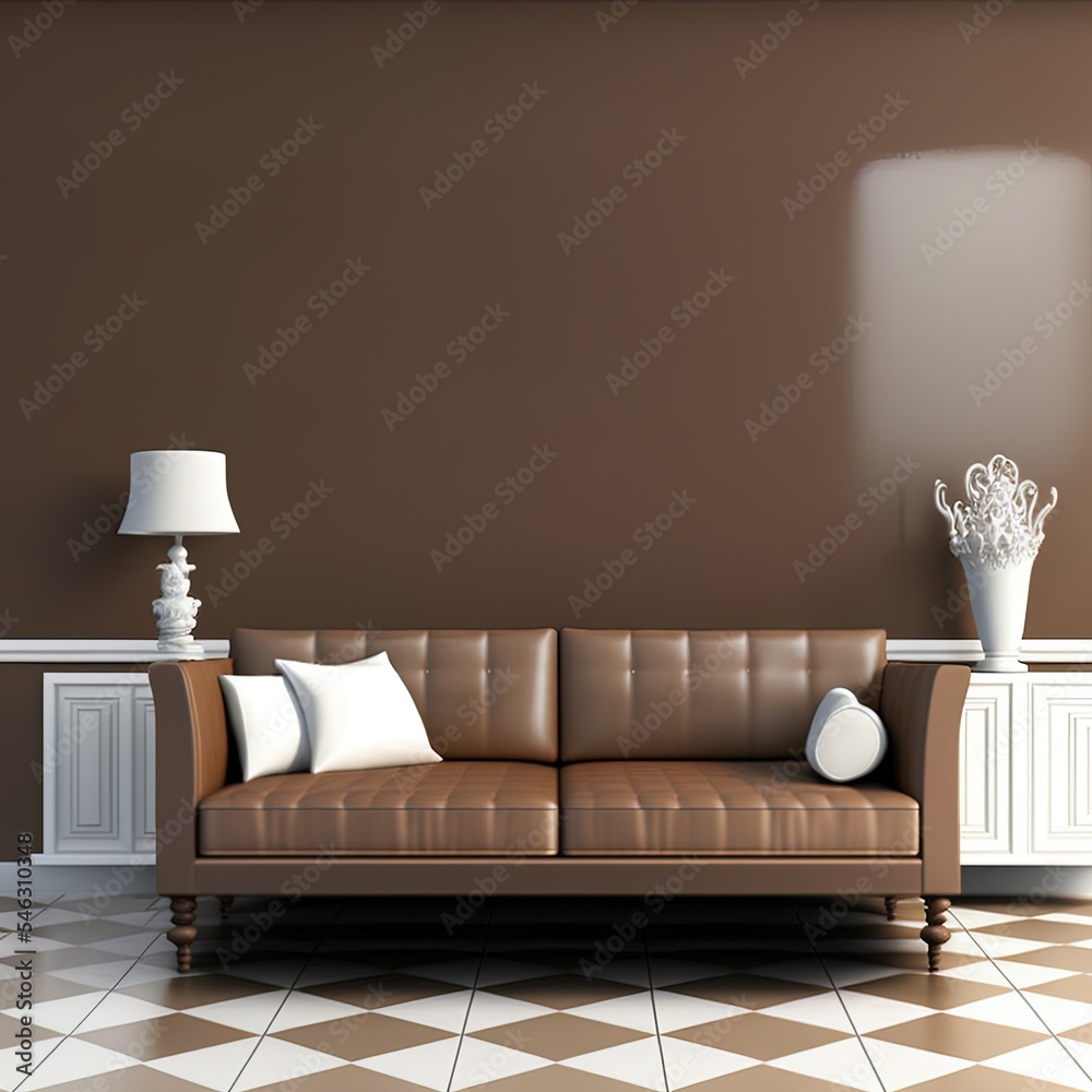 模拟经典风格客厅插图沙发棕色墙壁白色色调和地砖瓷砖。3d