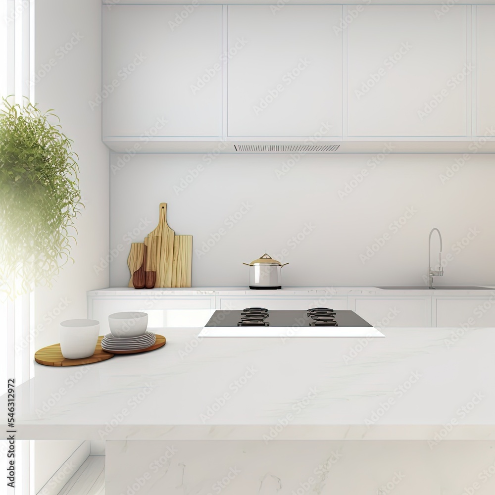现代白色厨房台面，可自由放置实体模型，3D渲染高质量插图