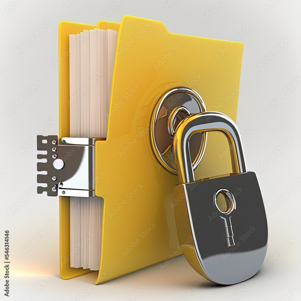 黄色文件夹和锁。数据安全概念。3D高质量插图