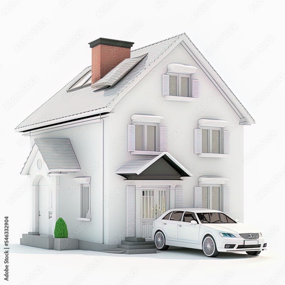 白色背景上的白色汽车隔离的房屋三维插图。高质量插图