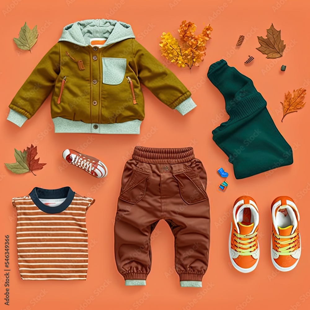 彩色背景下幼童保暖衣服和鞋子的组成儿童秋季服装
