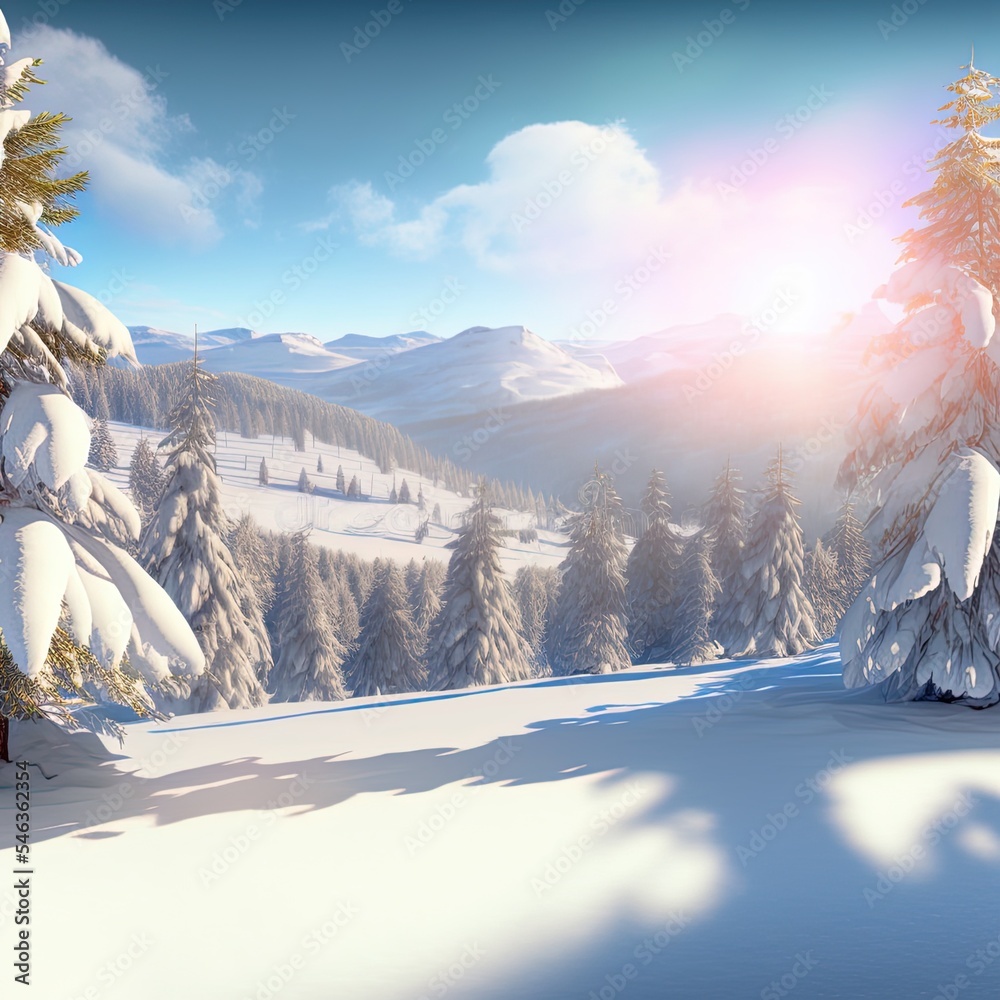 在一个转瞬即逝的圣诞节早晨，晴朗的天空和白雪覆盖的树木上的美丽景观i