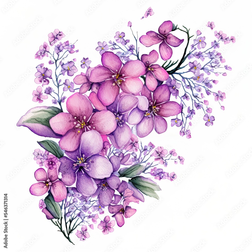 粉紫色花朵水彩角落花束隔离在白色背景上高品质插图