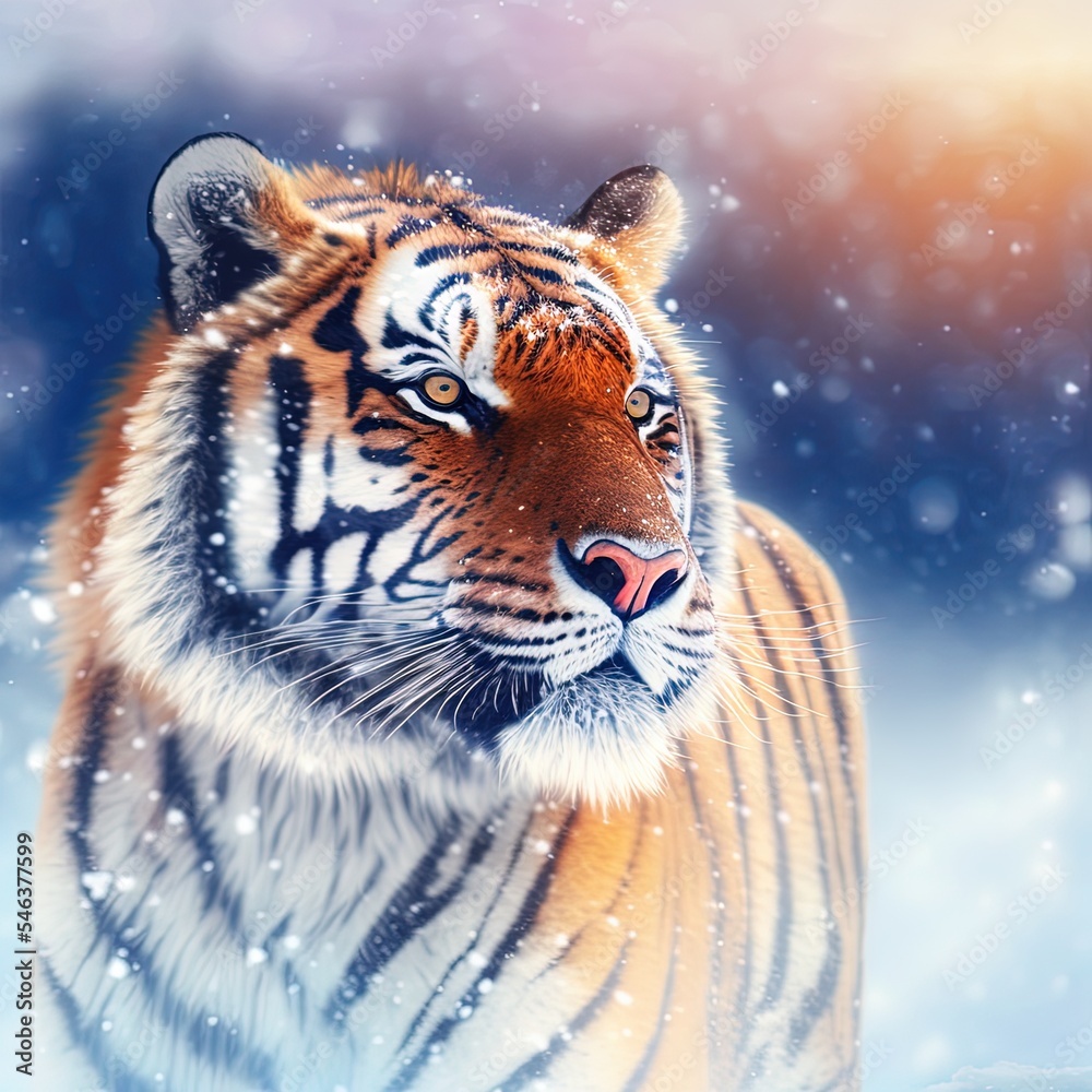 寒冷时期的近距离成年老虎。野生冬季的老虎雪。西伯利亚虎，野生动物