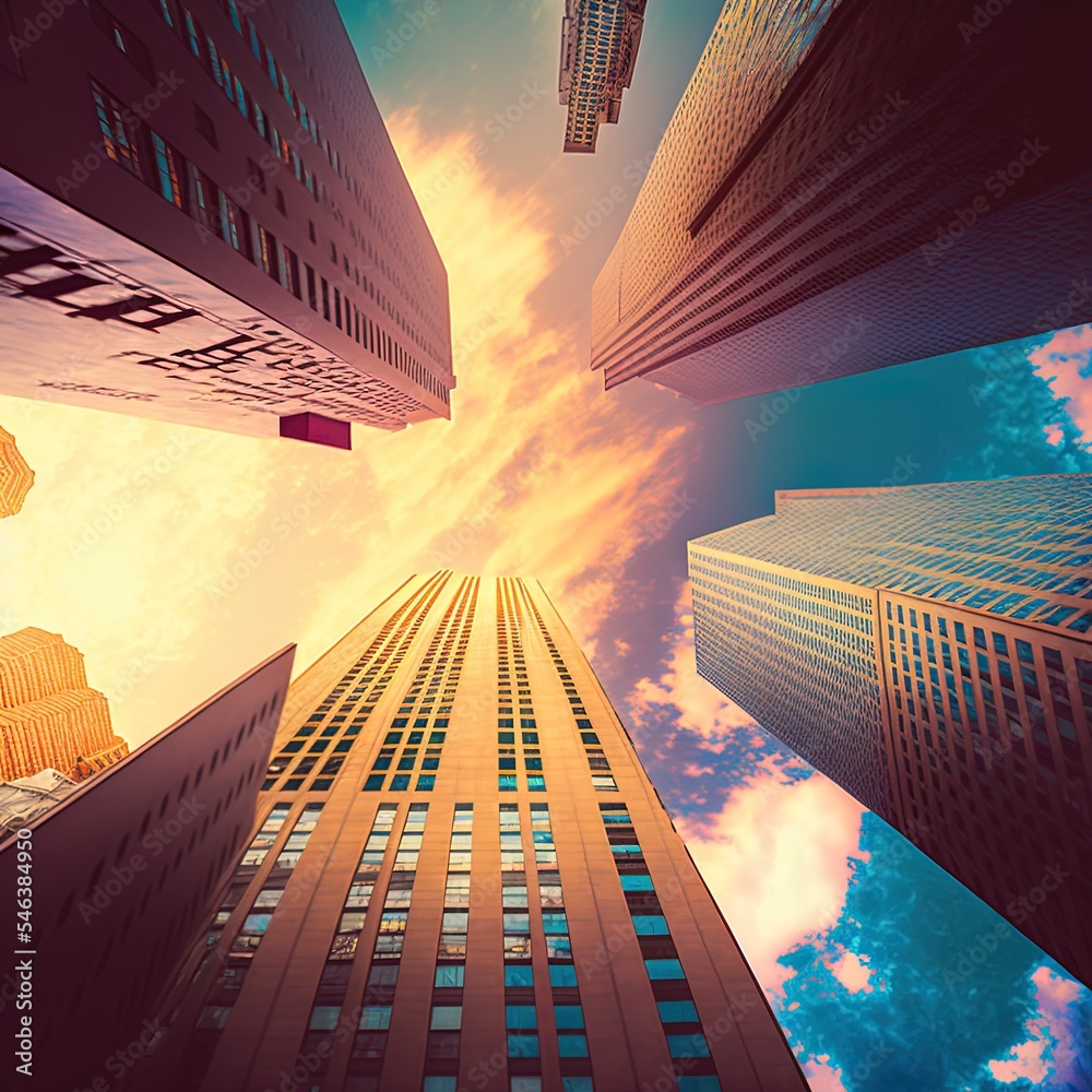 日落时抬头看曼哈顿的摩天大楼，调色，美国纽约市。