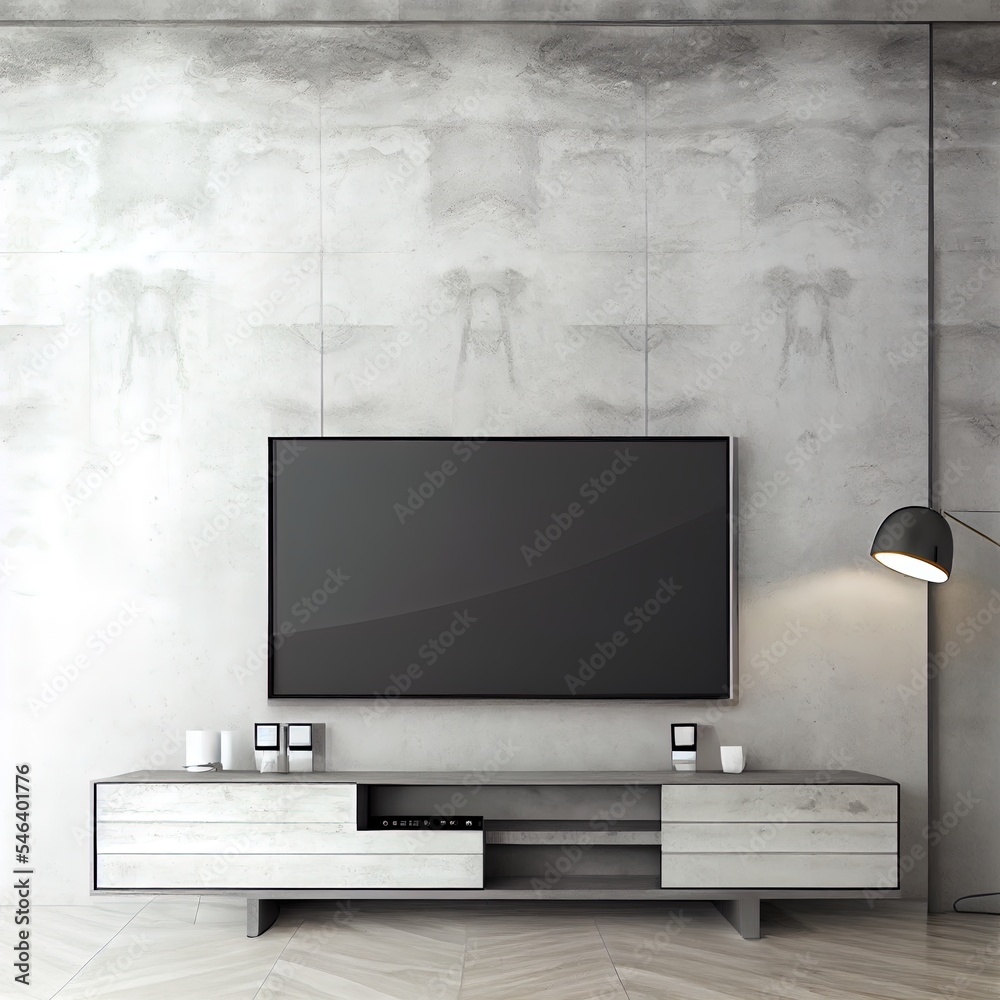 电视上的橱柜现代客厅的混凝土墙，3d渲染高质量插图