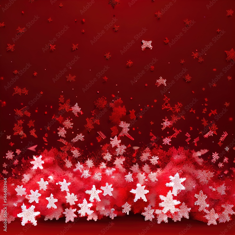 蓬松雪花飘落的3D渲染，背景为星红色高质量插图