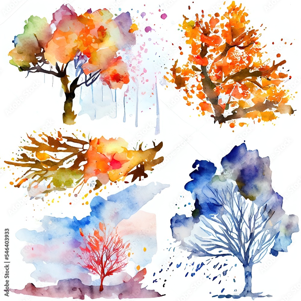 水彩手绘套装，插图为孤立在白色树干上的秋天五颜六色的落叶树