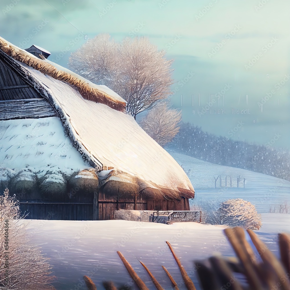 美丽的冬季自然背景。有一个旧谷仓的乡村景观。覆盖着茅草屋顶的谷仓
