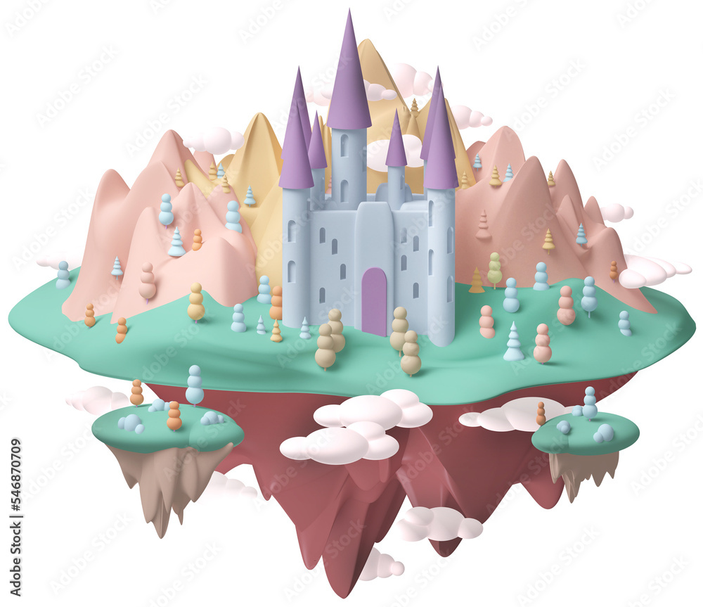 梦幻景观岛上的彩色梦幻城堡3D漂浮在空中