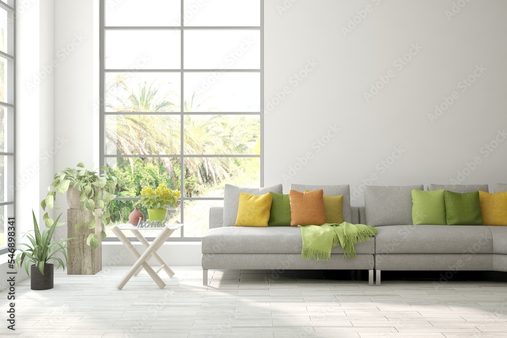 白色客厅，带沙发，窗户里有夏季景观。斯堪的纳维亚室内设计。3D插图