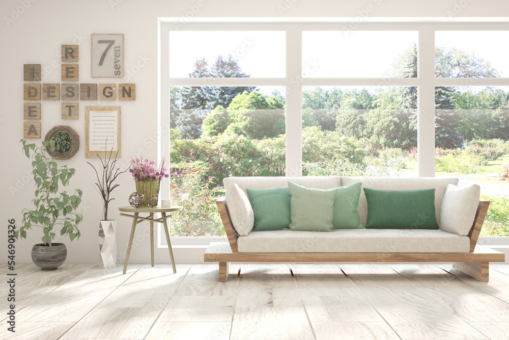 白色极简客厅，沙发和窗户上的夏季风景。斯堪的纳维亚室内