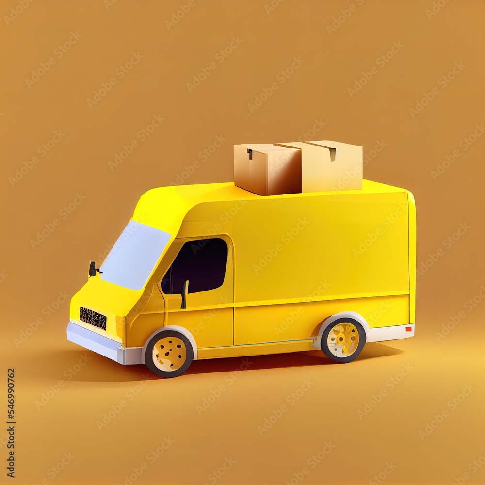带纸板箱的送货车，侧视图，黄色背景。在线订单发货。概念o