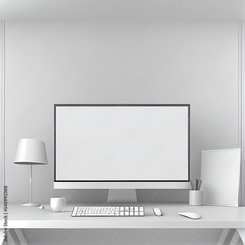 单色风格的家庭工作场所，浅色墙壁背面的白色桌子上有空白的白色电脑显示器