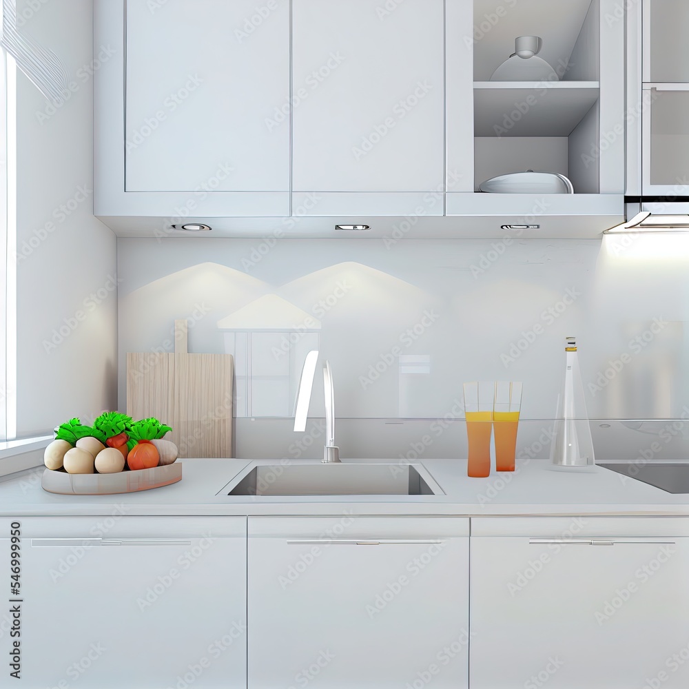 现代白色厨房台面，带水槽，3D渲染