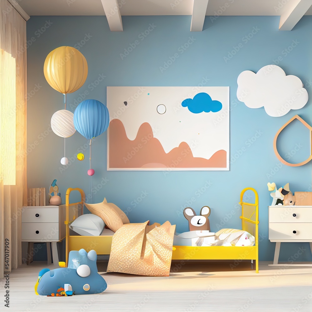 儿童卧室墙壁模型，带有可定制背景的3d渲染插图。