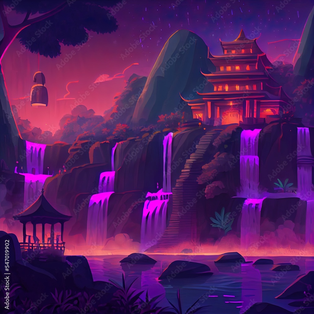 带废墟和寺庙的夜瀑布风景的惊人2D插图