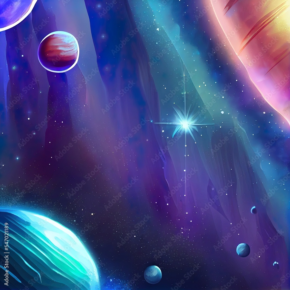 二维插图。深星际空间背景。明亮的恒星闪光，行星，卫星和彗星。