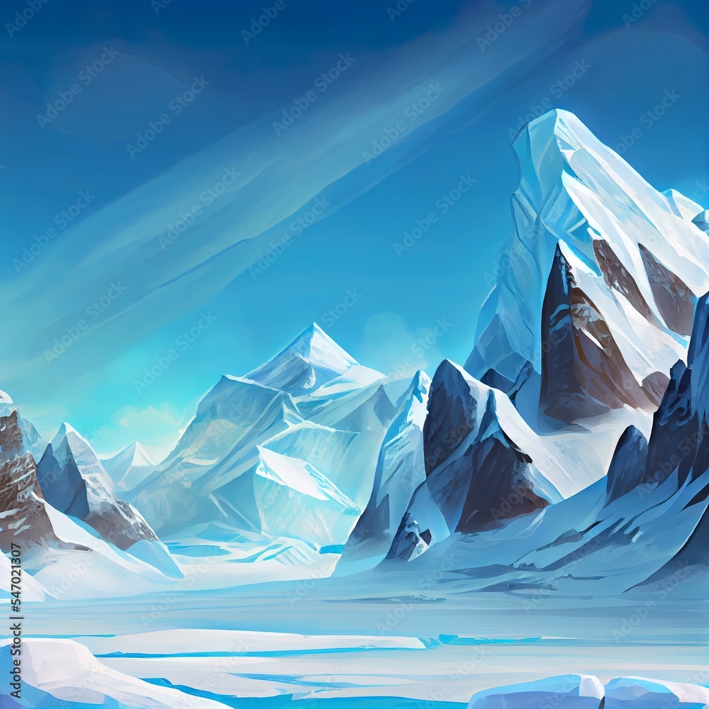 寒冷的冰山，白雪和晴朗的蓝天。梦幻背景概念艺术现实主义幻觉