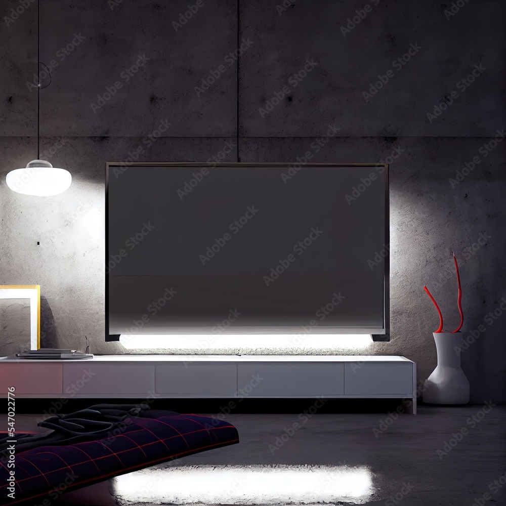 客厅里混凝土墙的夜间发光电视屏幕模型。三维插图