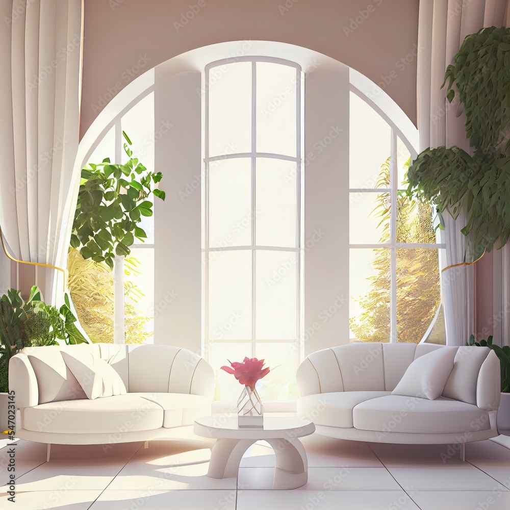 三维渲染，三维插图，室内场景和实体模型，客厅里的两个白色弯曲沙发