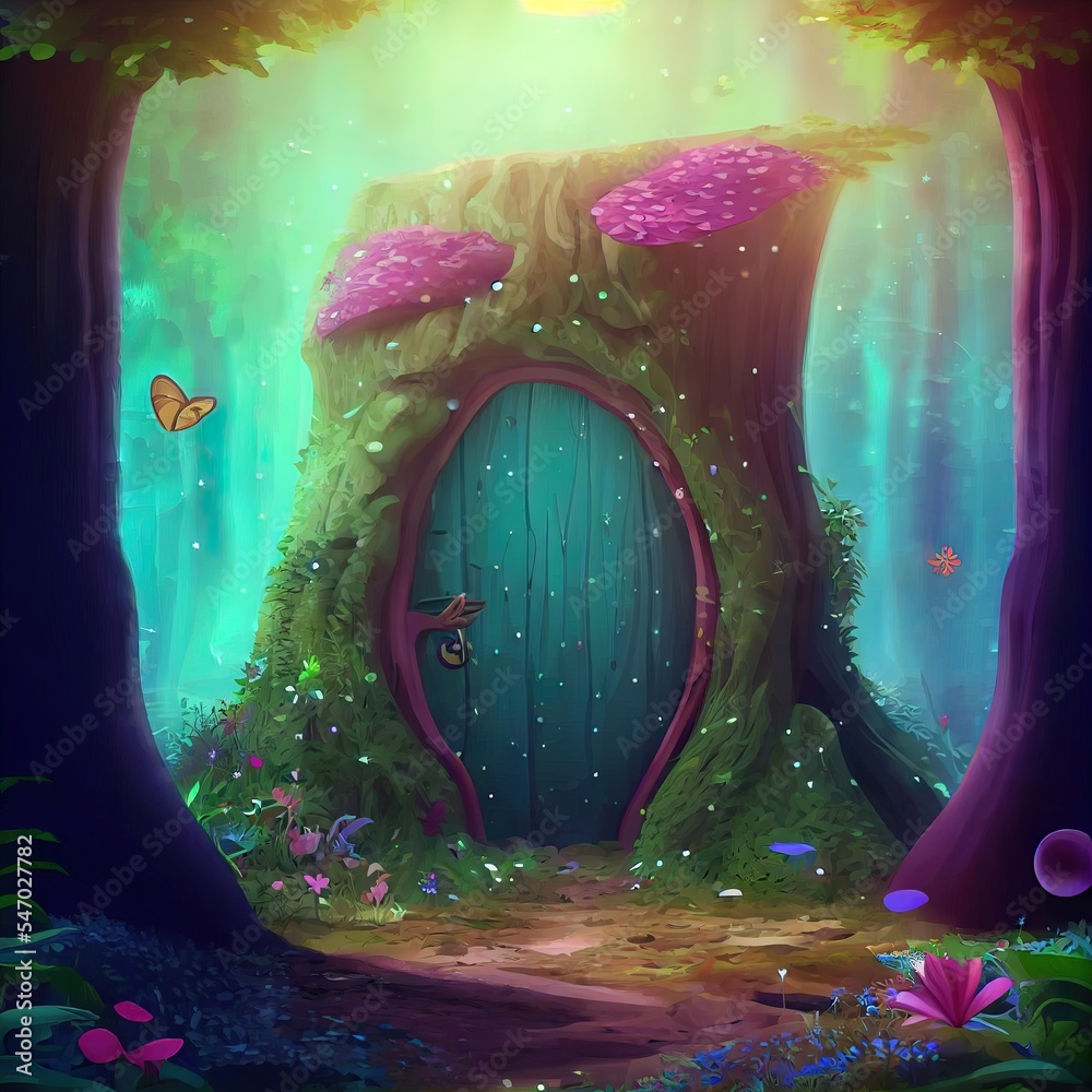 神秘童话森林中神奇门户的梦幻美景。卡通风格的童话门