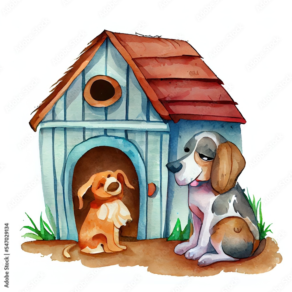 狗和狗屋水彩插图。可爱的动物之家。木制外观。宠物肖像。宠物护理