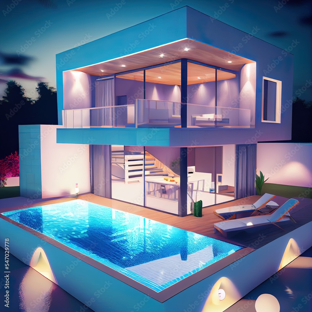 带游泳池和夜灯的现代房子的平面图和3D渲染图