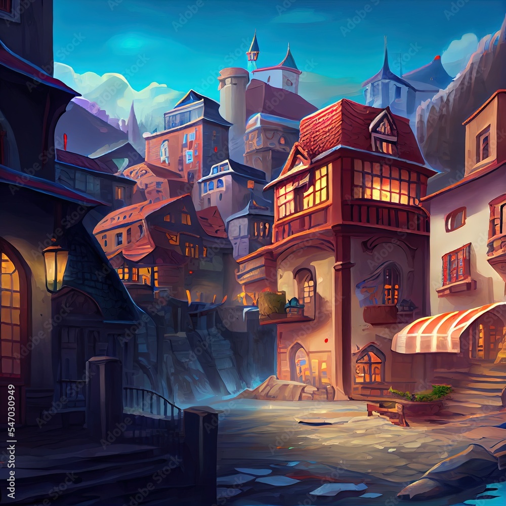 童话故事书中的传奇神秘古城小镇。奇幻背景概念艺术写实