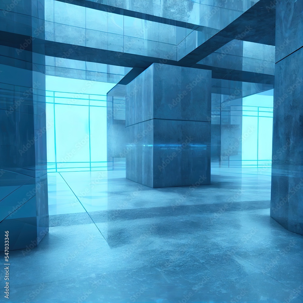 蓝色玻璃和混凝土的抽象内部。建筑背景。3D插图和效果图