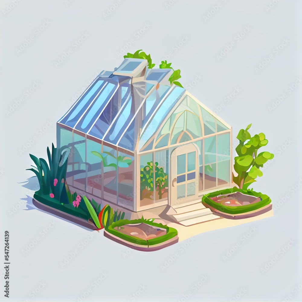 别墅附近花园里的温室玻璃屋。景观花园设计。种植温室