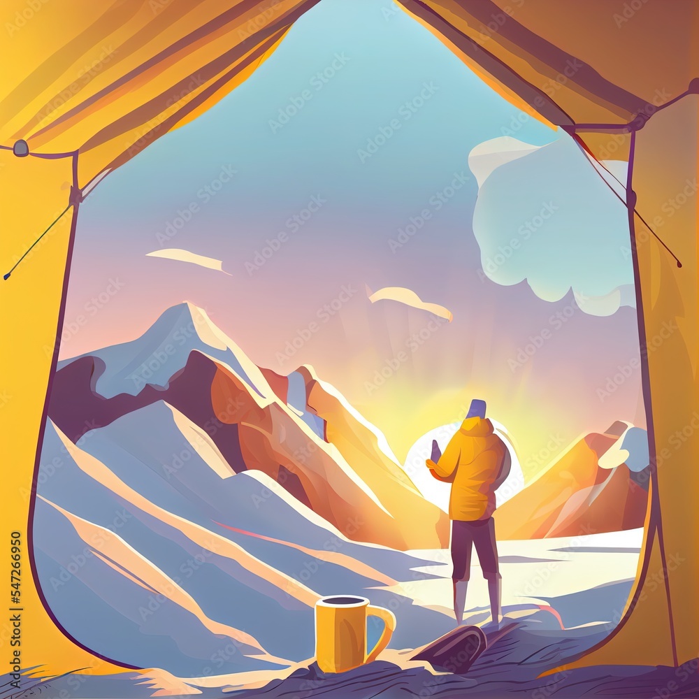 旅行者拿着咖啡杯，在黄色t内的雪山上欣赏日出